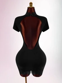 Amplova Women's Lace Patchwork Mini Dress With High Neck, Sexy Cutout, Cheongsam Collar And Open Back - Black - View 17