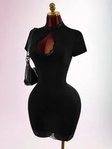 Amplova Women's Lace Patchwork Mini Dress With High Neck, Sexy Cutout, Cheongsam Collar And Open Back - Black - View 11