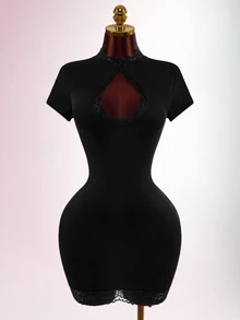 Amplova Women's Lace Patchwork Mini Dress With High Neck, Sexy Cutout, Cheongsam Collar And Open Back - Black - View 8