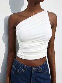 Maija Spring/Summer New All-White Asymmetrical Cut Asymmetrical Shoulder Design Ruched Mesh Material Evening Top For Women, Modern Elegant For Carnival, Party, Valentine's Day, Music Festival - White - View 7