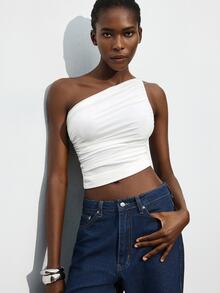 Maija Spring/Summer New All-White Asymmetrical Cut Asymmetrical Shoulder Design Ruched Mesh Material Evening Top For Women, Modern Elegant For Carnival, Party, Valentine's Day, Music Festival - White - View 6
