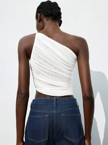Maija Spring/Summer New All-White Asymmetrical Cut Asymmetrical Shoulder Design Ruched Mesh Material Evening Top For Women, Modern Elegant For Carnival, Party, Valentine's Day, Music Festival - White - View 3
