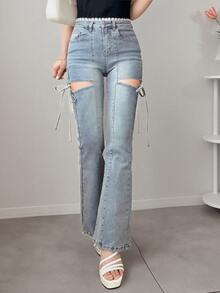 DAZY Cut Out Knot Side Jeans - Blue - View 4