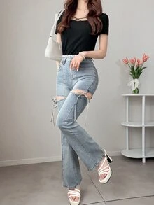 DAZY Cut Out Knot Side Jeans - Blue - View 5