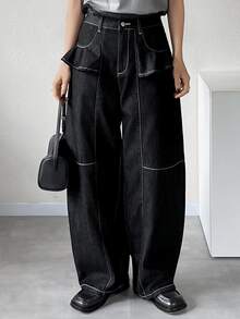 DAZY 1pc Contrast Stitching Straight Leg Jeans Cute Tops - Blue - View 8