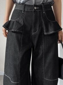 DAZY 1pc Contrast Stitching Straight Leg Jeans Cute Tops - Blue - View 2
