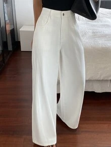 Livesso Petite White High Waist Wide Leg Jeans - White - View 9