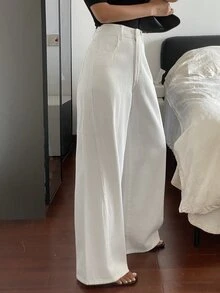 Livesso Petite White High Waist Wide Leg Jeans - White - View 6