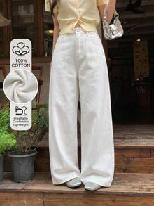 Livesso Petite White High Waist Wide Leg Jeans - White - View 8