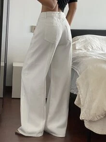 Livesso Petite White High Waist Wide Leg Jeans - White - View 2