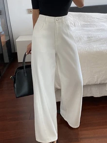Livesso Petite White High Waist Wide Leg Jeans - White - View 4