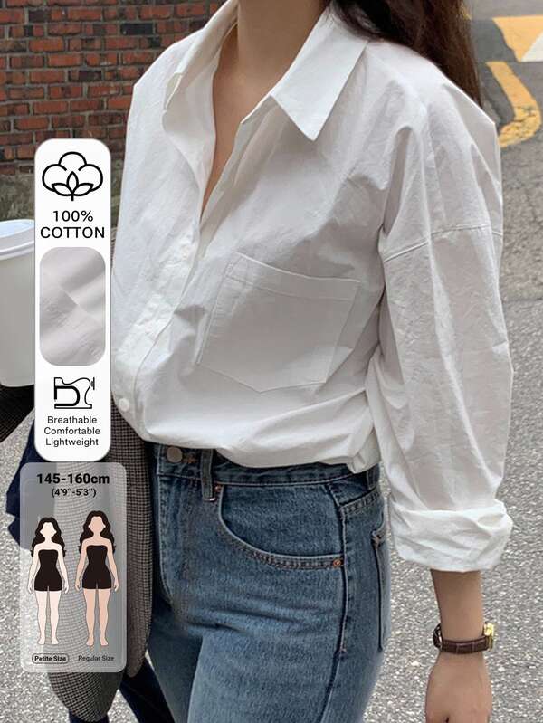 Livesso Petite Camisa casual de mujer de unicolor con hombros caídos, manga larga y abotonadura sencilla