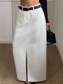 Livesso Petite Split Thigh Denim Skirt Without Belt Fall - White - View 4