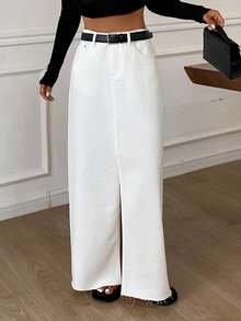 Livesso Petite Split Thigh Denim Skirt Without Belt Fall - White - View 6