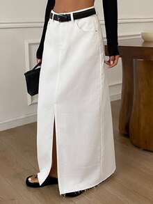 Livesso Petite Split Thigh Denim Skirt Without Belt Fall - White - View 7