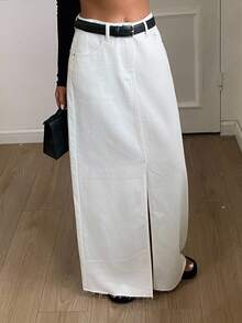 Livesso Petite Split Thigh Denim Skirt Without Belt Fall - White - View 3