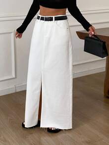 Livesso Petite Split Thigh Denim Skirt Without Belt Fall - White - View 5
