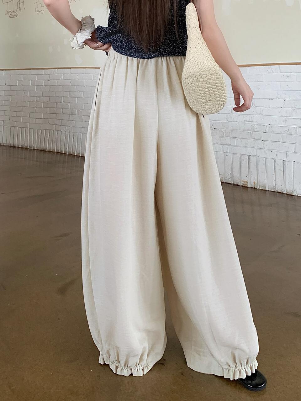 Solid Drawstring Waist Wide Leg Pants