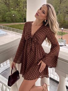 KARISMINA Polka Dot Print Knot Front Flounce Sleeve Dress - Brown - View 10