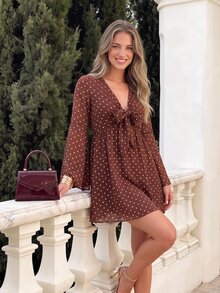 KARISMINA Polka Dot Print Knot Front Flounce Sleeve Dress - Brown - View 11