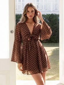 KARISMINA Polka Dot Print Knot Front Flounce Sleeve Dress - Brown - View 8