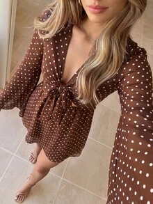 KARISMINA Polka Dot Print Knot Front Flounce Sleeve Dress - Brown - View 6