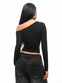 Vadaroq Atasan Rajut Lengan Panjang Leher Asimetris Nyaman dan Elastis untuk Pakaian Sehari-hari Musim Gugur/Dingin untuk Anak Perempuan - Hitam - View 4