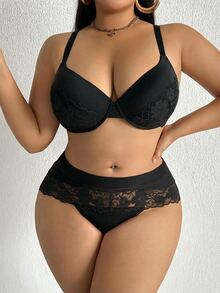 SHEIN 2pcs/Set Plus Size Women Lace Patchwork Underwire Bra And Panty Set, Purple - Black - View 5