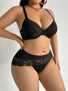 SHEIN 2pcs/Set Plus Size Women Lace Patchwork Underwire Bra And Panty Set, Purple - Black - View 3