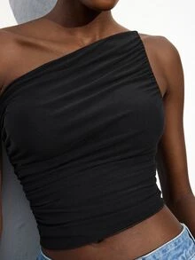 Maija Spring/Summer New Black Asymmetrical Cut Asymmetrical Shoulder Ruched Women's Tank Top, Modern Elegant, Suitable For Carnival, Elegant Party, Valentine's Day, Back To School, Music Festival, Formal Social, Urban Commute, Workplace, Business Office, Daily Wear, Versatile, Romantic, Casual, 90s Old Money Style, New Year, Spring Break, Holiday, Birthday, Party, Beach, Graduation, Fashionable, Vacation, Basic, Minimalist, Suitable For Wedding Guest, Host, Outing, Date, Gathering, Concert, Stage Performance, Brunch, Tea Party, Airport, Multi-Scenario, Summer Holiday, Vacation - Black - View 6