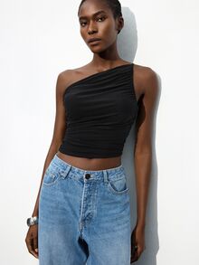 Maija Spring/Summer New Black Asymmetrical Cut Asymmetrical Shoulder Ruched Women's Tank Top, Modern Elegant, Suitable For Carnival, Elegant Party, Valentine's Day, Back To School, Music Festival, Formal Social, Urban Commute, Workplace, Business Office, Daily Wear, Versatile, Romantic, Casual, 90s Old Money Style, New Year, Spring Break, Holiday, Birthday, Party, Beach, Graduation, Fashionable, Vacation, Basic, Minimalist, Suitable For Wedding Guest, Host, Outing, Date, Gathering, Concert, Stage Performance, Brunch, Tea Party, Airport, Multi-Scenario, Summer Holiday, Vacation - Black - View 4