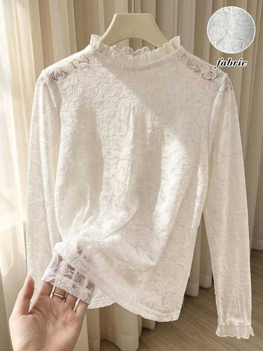 Rusticease Women's Ruffle Collar Long Sleeve Fashion Top Everyday Brunch Tea Party Date White Floral Floral Autumn Romantic Elegant Wedding