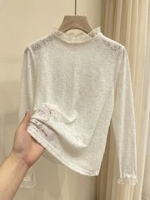 Rusticease Women's Ruffle Collar Long Sleeve Fashion Top Everyday Brunch Tea Party Date White Floral Floral Autumn Romantic Elegant Wedding - Apricot - View 4