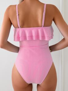 Swim Mod Summer Beach Ladies' Vacation Contrast Ruffle-Trim Striped Simple Casual One-Piece Swimsuit - Multicolor - View 4