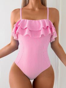 Swim Mod Summer Beach Ladies' Vacation Contrast Ruffle-Trim Striped Simple Casual One-Piece Swimsuit - Multicolor - View 5