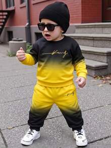 A Casual, Simple Letter-Print Crew Neck Gradient Autumn Sweatshirt And Matching Trousers For Baby Boys, Perfect For Spring And Summer. - Multicolor - View 5