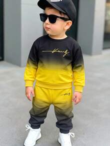 A Casual, Simple Letter-Print Crew Neck Gradient Autumn Sweatshirt And Matching Trousers For Baby Boys, Perfect For Spring And Summer. - Multicolor - View 4