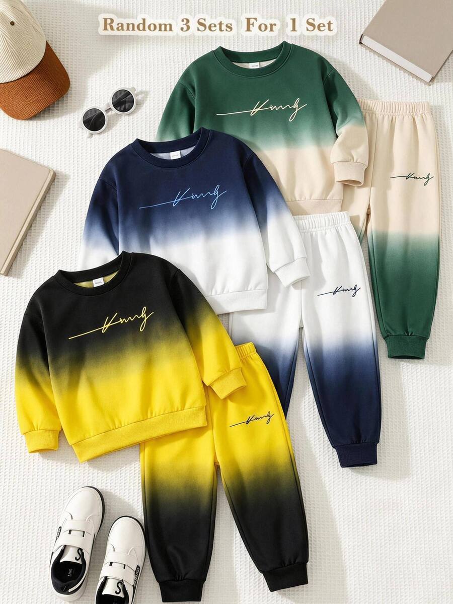 A Casual, Simple Letter-Print Crew Neck Gradient Autumn Sweatshirt And Matching Trousers For Baby Boys, Perfect For Spring And Summer. - Multicolor - View 1