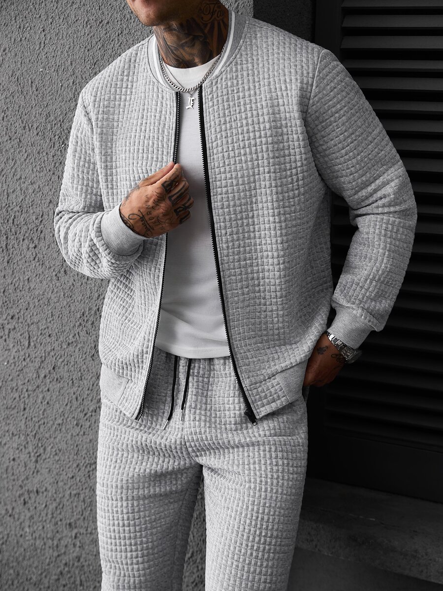 Manfinity Homme Men's Zipper Stand Collar Cardigan Jacket Set, Mature Casual Style Suitable For Daily Wear And Outings, Ideal Gift For Boyfriend Or Husband - Multicolor - View 1