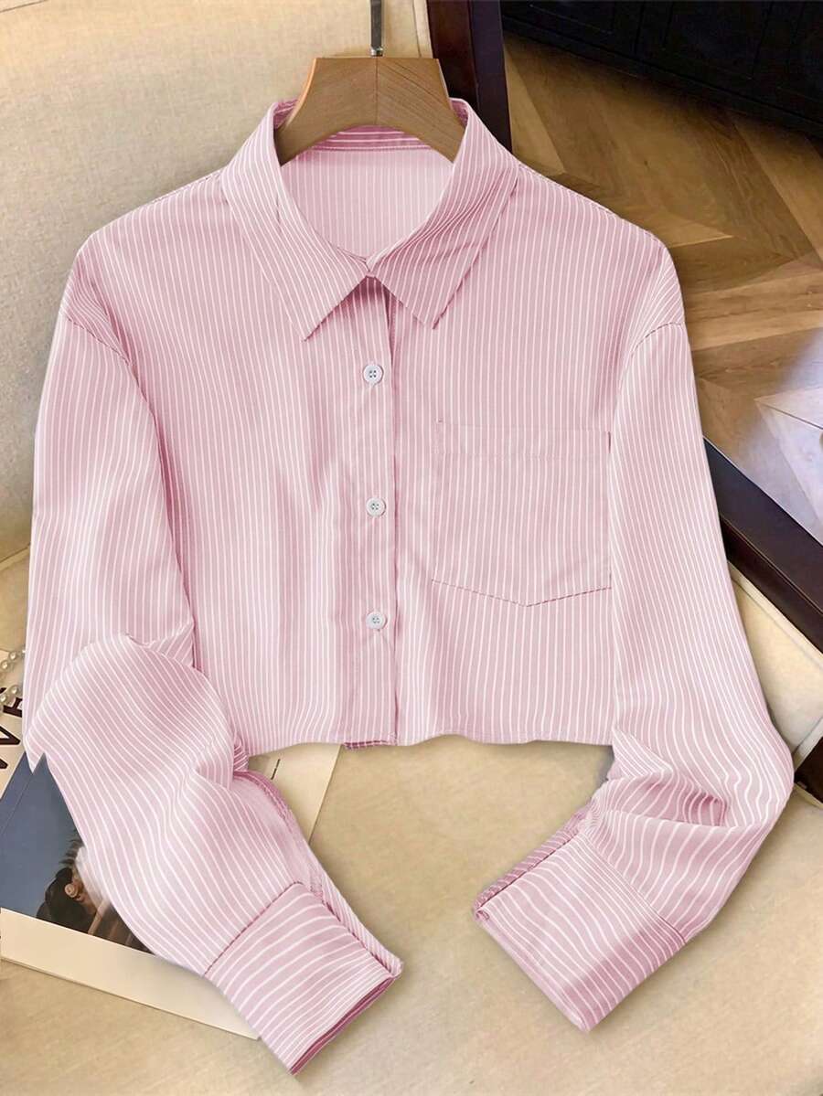 SHEIN PETITE 女款條紋休閒寬鬆襯衫(附口袋),春夏款,適合嬌小女性 - 粉色 - 查看 1