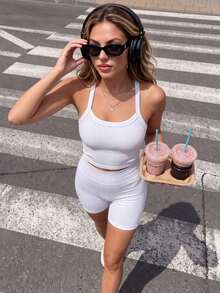 Gameset SHEIN Sport Solid Color Cropped Halter Neck Sports Athleisure Basic Top Workout Gym White Summer - White - View 6