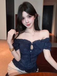 DAZY 女款夏季方領藍色花卉刺繡鏤空綁腰荷葉邊上衣，適合度假、婚禮與派對，Y2K露肩上衣 - 藏蓝色 - 查看 8