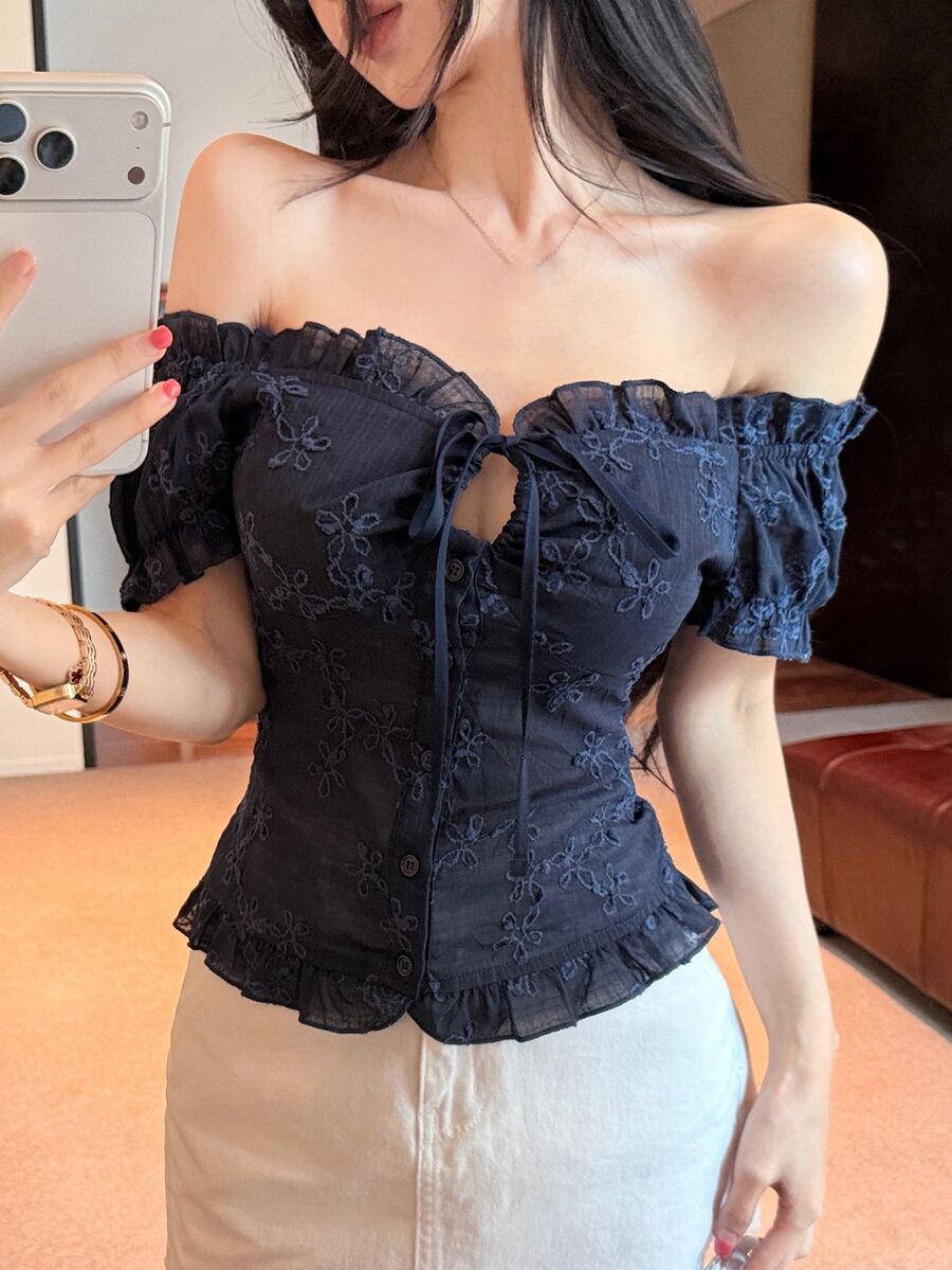 DAZY 女款夏季方領藍色花卉刺繡鏤空綁腰荷葉邊上衣,適合度假、婚禮與派對,Y2K露肩上衣 - 藏蓝色 - 查看 1