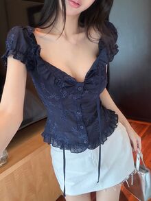 DAZY 女款夏季方領藍色花卉刺繡鏤空綁腰荷葉邊上衣，適合度假、婚禮與派對，Y2K露肩上衣 - 藏蓝色 - 查看 6