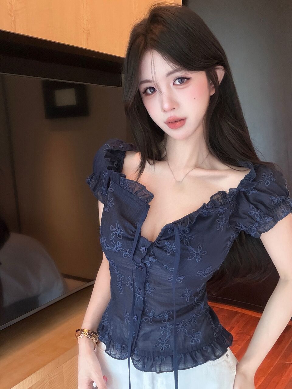 Women's Summer Square Neck Blue Floral Embroidered Hollow Out Tie Waist Ruffle Hem Blouse For Vacation, Wedding And Party Y2K Off The Shoulder Tops