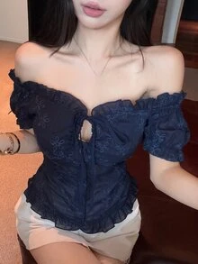 DAZY 女款夏季方領藍色花卉刺繡鏤空綁腰荷葉邊上衣，適合度假、婚禮與派對，Y2K露肩上衣 - 藏蓝色 - 查看 4