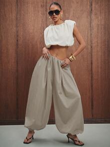 Hauture Women's Solid Color Pleated Casual Versatile Daily Lantern Long Pants - Khaki - View 1