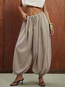 Hauture Women's Solid Color Pleated Casual Versatile Daily Lantern Long Pants - Khaki - View 5