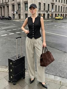 Struktiv 女款 Y2K 深 V 領無袖馬甲，單排金屬鈕扣修身短版束腰背心 - 棕色 - 查看 7