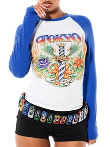 SUMWON Tokyo Graphic Raglan Long Sleeve Ribbed Knit Top With Floral Print Crew Neck Color Block Blue White Spring Festival Tee Fall - Blue and White - View 4